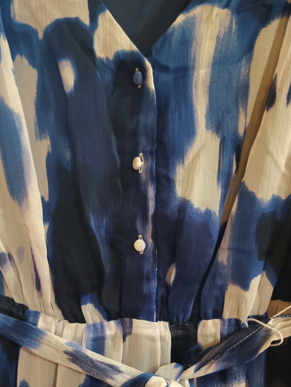 DKNY Abstract Blue Chiffon V-Neck Tie-Waist Midi Dress Size 14 - Picture 7 of 10
